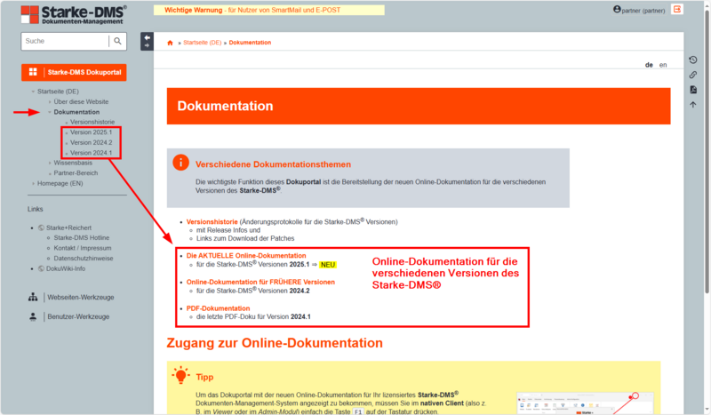 Screenshot Dokuportal mit verschiedenen Versionen
