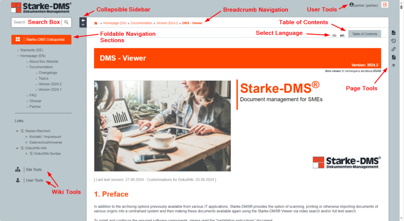 Screenshot Dokuportal with operating elements